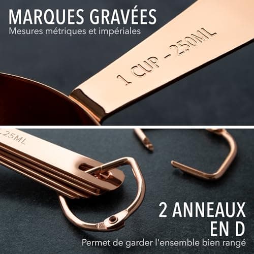 Lot de 9 pièces de tasses et cuillères à mesurer de cuisine et pâtisserie, en acier inoxydable cuivre chromé, avec mesures gravées, pour ingrédients secs ou liquides