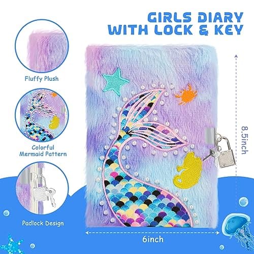 homicozy Journal intime pour fille avec cadenas - Papier à lettre sirène avec étui en peluche - Carnet privé avec stylo sirène et bracelet en perles - Violet