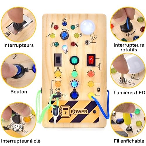 Montessori Busy Board Light Switch, Jouet en Bois à Partir de 1 an, Tableau d'activités Electroniques pour Bébé 18 Mois, Jouet d'apprentissage Sensoriel, Cadeau pour Garçons et Filles de 2 3 4 ans