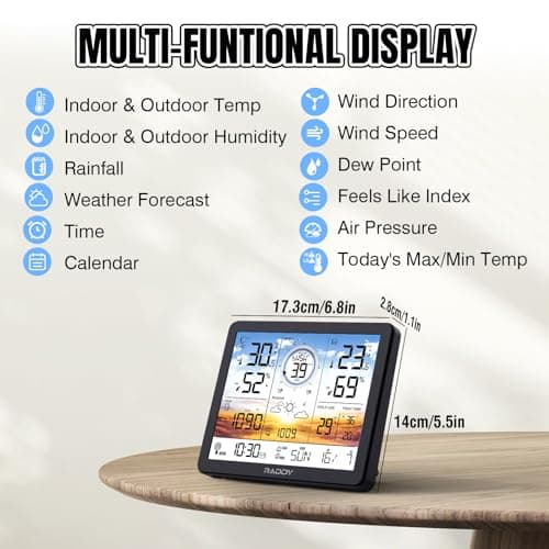 Raddy AG7 Station météo sans fil avec capteur extérieur, thermomètre, hygromètre, écran numérique 7,4", horloge radio-pilotée DCF, moniteur de température et d'humidité avec prévisions météorologiques