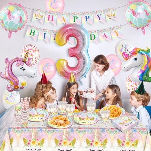 YEJIKJ 3 Ans Anniversaire Licorne Decoration Fille, Vaisselle Kit Assiettes Gobelets Licorne Ballon, Decoration Anniversaire Licorne 3 Ans Kit pour Party Fête Anniversaire Fête Décorations (16 Invités