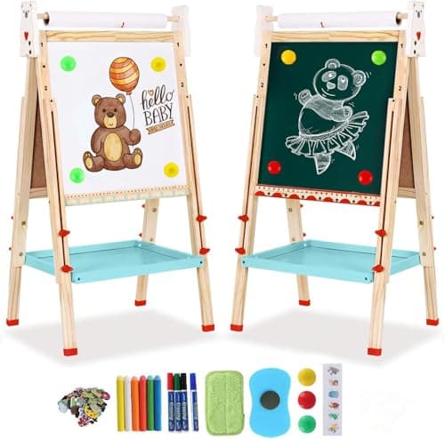 Chevalet Peinture Enfant,Tableau Double Face Tableau Blanc et Noir en Bois et Hauteur Réglable,Chevalet Pour Enfant avec Chiffres et Autres Accessoires Jouets Éducatifs Cadeaux Enfants 2 à 8 Ans