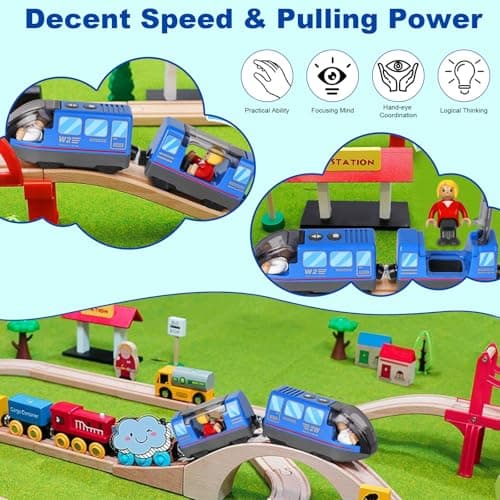 Sweetone Train de locomotives à Piles(Connexion Magnétique), Train Electrique Enfant, Train en Bois Compatible avec Thomas, Brio, Chuggington, Jouet pour Tout-Petits pour dès 3 Ans