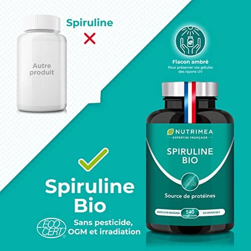 Spiruline BIO - Sans Excipients & OGM - 19% de Phycocyanine - Riche en Protéines, Fer & Antioxydants - Nutrimea - 540 Comprimés Vegan de 500 mg - 6 Mois de Cure - Fabriqué en France