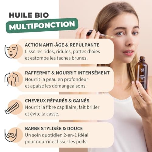 Bionoble Huile d'Argan Bio 100ml + Pipette et Pompe - Bouteille en Verre - 100% Pure, Naturelle, Pressée à Froid - Huile Argan Cheveux Visage Corps - Pure Organic Argan Oil, Huile dArgan Cheveux