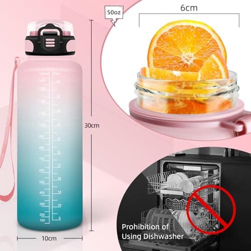 Gourde 1.5L, Gourde Sport avec Paille, Gourde Motivation anti Fuite, avec Marqueur de Temps, Gourdes de Camping et Randonnée, Facile à Nettoyer, Gourde Adulte pour Yoga, Running, Camping, Rose-Cyan