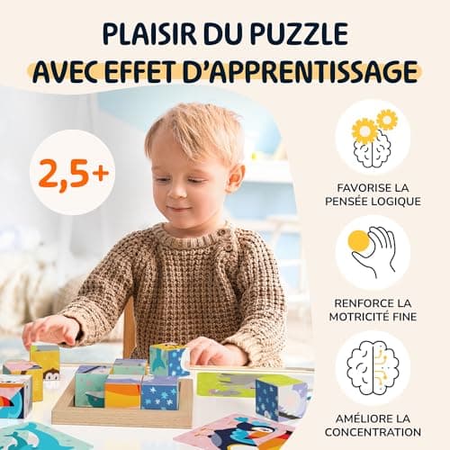 Merle Toys® Puzzle Enfant 2 Ans, Puzzle en Bois Enfant 3 Ans, Jeux Montessori Éducatif, Puzzle Cube en Bois, Jouet Enfant 2 Ans, 6 Motifs d’Animaux Sauvages pour Stimuler Curiosité et Apprentissage