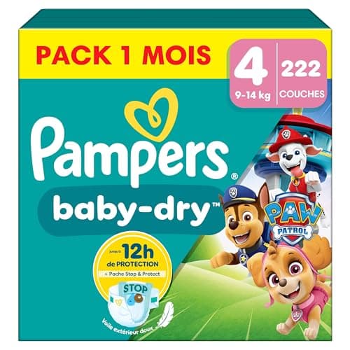 Pampers Baby-Dry, Taille 4, 222 Couches, 9-14kg, A La Rescousse Contre Les Fuites Grâce A Une Protection Intégrale Jusqu'à 12h, Edition Limitée avec La Pat’Patrouille, Pack 1 Mois