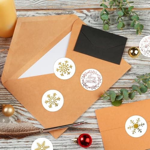 1000PCS Étiquettes Autocollantes Noël Rouleau Sticker Flocon de Neige Merry Christmas Bricolage Décoration Noël Maison Enveloppe Cadeau Cartes de Vœux Scrapbooking Motif pour Noël (Rose et Or)