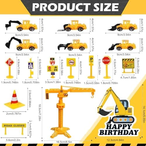 QXNDXQ 17 Pièces Décoration Gâteau Véhicule de Construction,Décorations de Gâteau D'excavatrice,Deco Gateau Tracteur,Panneau de Signalisation Cupcake Toppers,Decoration Gateau Anniversaire Garcon
