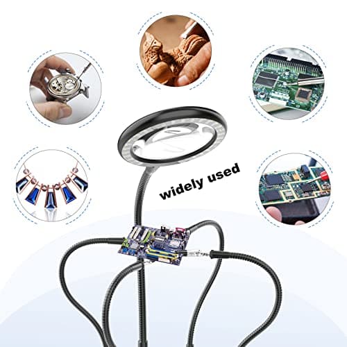 Loupe avec lumière à souder à la troisième main -Grossissement 3X -Lumière du jour -Avec lumière -Avec 28 LED à intensité variable-Base robuste-4 bras flexibles - Pour bricoler, souder, loisirs