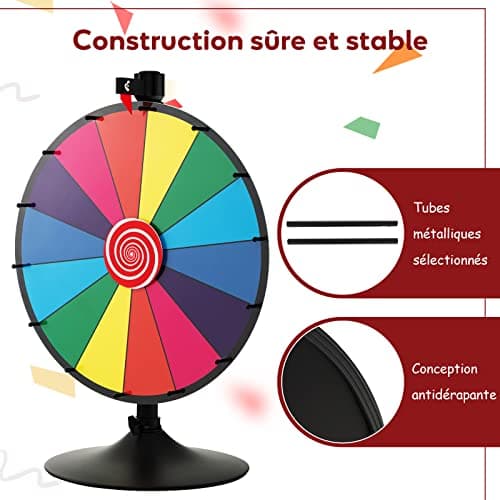 COSTWAY Roue de la Fortune 60cm à Hauteur Réglable avec 14 Emplacements, Roue de Loterie sur Pieds avec Marqueur Effaçable à Sec & Effaceur, Base Solide