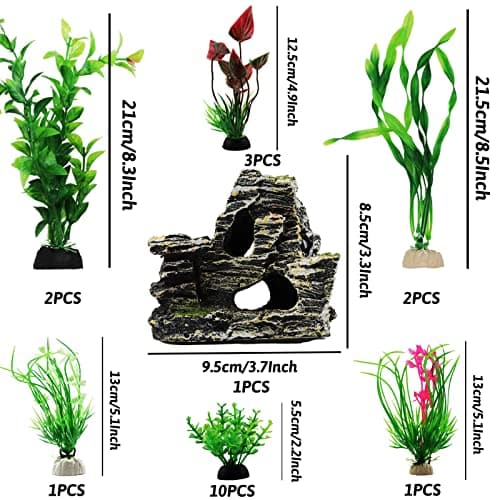 QUOZUO 20 Pièces Aquarium Decoration Plante, Vert Plantes Artificielle Aquarium Deco et Rocher Polyrésine Grotte Ornement