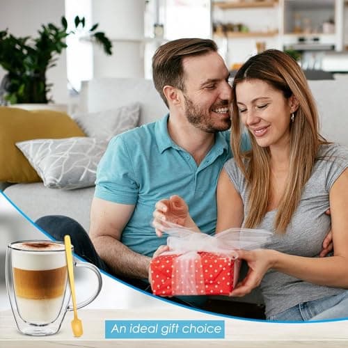 autumndeer Tasses en verre à cappuccino, lot de 4 tasses à espresso à double paroi, tasses à café en verre isolées avec 4 cuillères, tasses en verre transparent pour latte, cappuccino (350ml)
