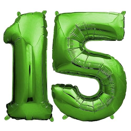 envami® Ballon Anniversaire 15 ans Vert - 101 CM Ballon Chiffre - Deco Kit Anniviersaire Garçon - Happy Birthday Decoration - Ballon Joyeux Anniversaire - Vole Grâce à l'Hèlium