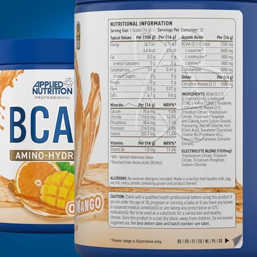 Applied Nutrition Amino-Hydrate BCAA en Poudre, Complément d'Acides Aminés à Chaîne Ramifiée, Poudre d'Acides Aminés Essentiels, Boisson Énergétique (450g, Orange & Mango)