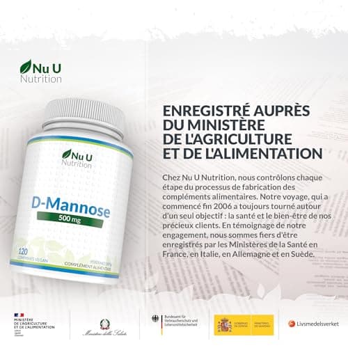 D-Mannose 500mg - 120 Comprimés Végétaliens - 4 Mois - Forte Puissance - Sans Allergènes - Pas de Gélules ni de Poudre de D Mannose - Nu U Nutrition