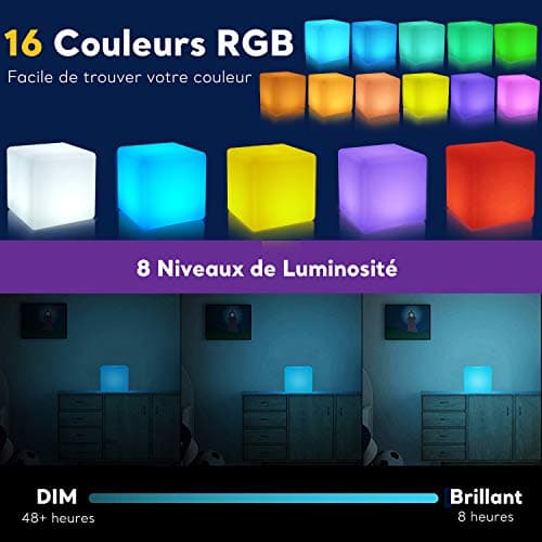 Mr.Go 8" LED Cube Lumineux Couleur Changeante Lampe d'ambiance avec 16 RGB Couleurs, Luminosité Variable, 4 Modes d'éclairage pour Intérieure Extérieure Décor, Rechargeable Veilleuse avec Télécommande