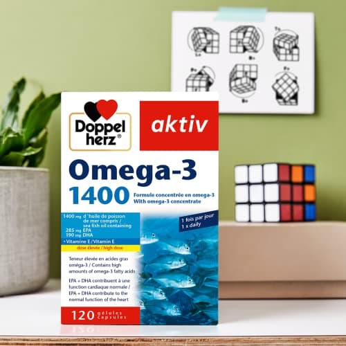 Doppelherz – Omega-3 1400 – Teneur élevée en acides gras Oméga 3 EPA et DHA & vitamine E – Pour la bonne fonction cardiaque – Huile de poisson de mer – 120 gélules