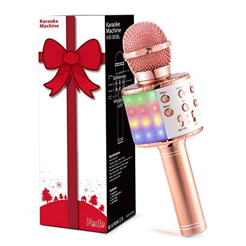 Fede Microphone Karaoké sans Fil Bluetooth avec Lumière LED Multi Couleur, Micro à Main Portable Haut-Parleur pour Enfants/Adultes Chanter, Compatible avec Android/iOS/PC/Smartphone