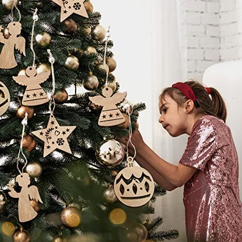 TAIYOU 20pcs Decoration Sapin Noel en Bois Bois Arbre de Noël Ornements DIY Décorations de Noël en Bois Décorations Noël Sapin Accessoires pour Étiquette Cadeau Décoration Noël Maison 4 Modèles