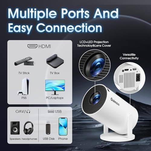 [App intégrée] Vidéoprojecteur 1080P FHD 4K 2025 Rétroprojecteur Portable Mini Projecteur Dual Contrôle avec Souris Android TV WiFi 6 BT5.2 180° Rotation HDMI/TV Stick/USB/PS5, avec HDMI et Souris