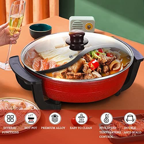 Pot de canard mandarin, Double Hot Pot, Fondue chinoise, Hot Pot électrique multifonctionnel antiadhésif domestique de 6L de grande capacité, Rouge.