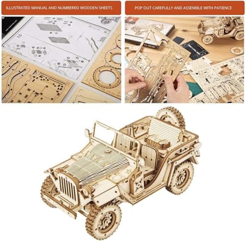 Robotime Armée Jeep Jouets de Voitures Kits de modèles de Puzzle 3D Artisanat de Construction mécanique de en Bois de d'individu pour des Enfants, Adolescents et des Adultes