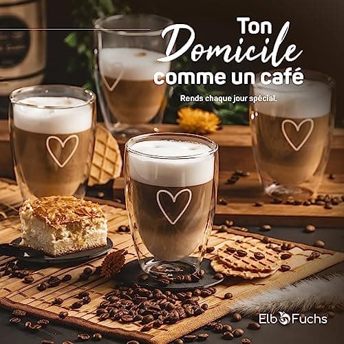 ElbFuchs® Tasses double paroi [4x 350ml] IDÉE CADEAU avec COEUR | Verre double paroi idéaux comme tasse cappuccino ou verre latte macchiato | Tasse à café original | Tasse transparente