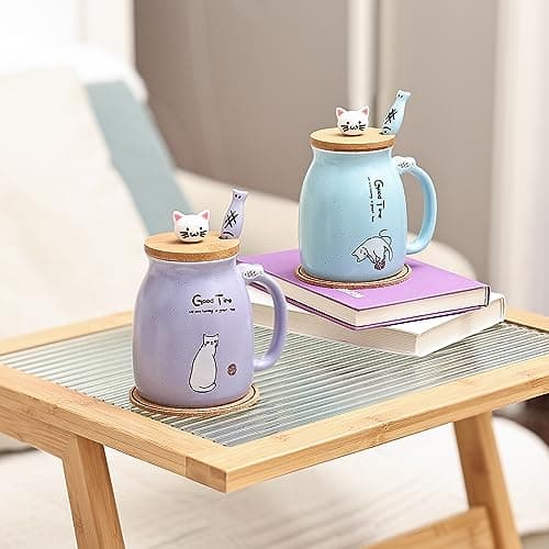 DONGSHANGIFT Set de 2 Tasse à thé et café en forme de chat en céramique avec couvercle Kawaii Mugs mignons pour femmes 500ml Noël Anniversaire cadeau (Bleu et rose)