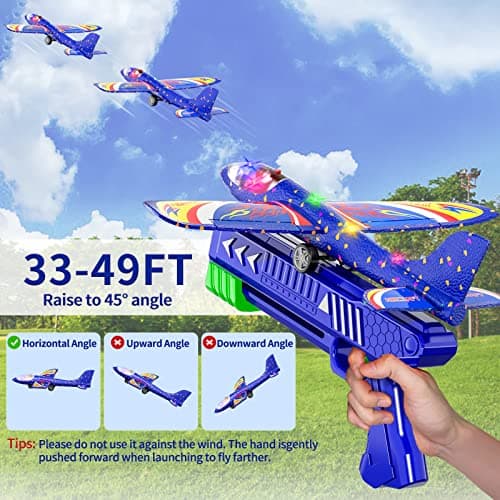3 Packs de jouets lanceurs d'avion, 12,6 pouces de mousse LED planeur avion catapulte, 2 modes de vol, Outdoor Sports Jouets volants 4 5 6 7 8-12 ans Garçons Filles Cadeaux d'anniversaire (Bleu)