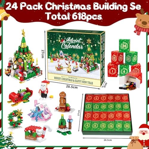 Calendrier de l'Avent 2024, Jouet Calendrier de l'Avent de Noël avec 24 Blocs de Construction 12 en 1 Père Noël Blocs Construction, Compte à rebours de Noël de 24 jours Cadeaux pour Enfants Adultes