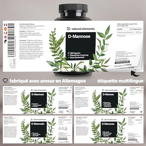 D-Mannose – 180 gélules – 1800mg de D-mannose par dose journalière – végane, dosage optimal, sans additifs indésirables – produit et testé en laboratoire en Allemagne