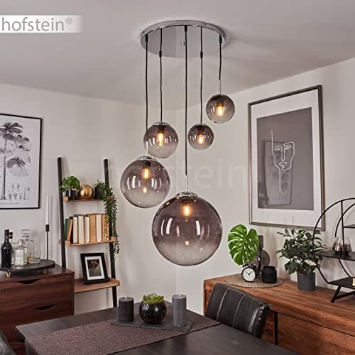Suspension Degevos, plafonnier à 5 flammes en métal/verre chromé/fumé, suspension moderne avec boules en verre véritable, hauteur max. 120 cm, E27, sans ampoules