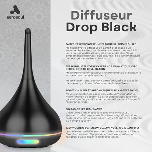 Aerosoul® Diffuseur Huiles Essentielles 100ml, Diffuseur Ultrasonique D'huile Essentielle Design Élégant, USB, Auto-Off, Brouillard 6h, Diffuseur Aromatherapie, Plastique Aspect Noir