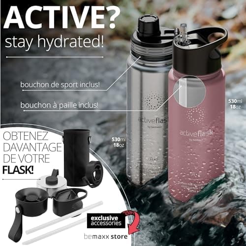 Gourde Inox Isotherme ACTIVE FLASK 1l/500ml sans BPA + Paille (3 Bouchons) | Bouteille d’eau Acier Inoxydable Isolée, Thermos Réutilisable | Camping Velo Sport Running Randonnée Enfant, Café The
