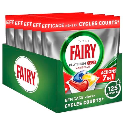Fairy Platinum Plus Tout-en-1 Pastilles Lave-Vaisselle, 125 Capsules, Citron, Technologie Anti-Terne,Nettoyage Optimal Pour Une Vaisselle Propre Comme Neuve, Redonne De L’Éclat Et Prévient Le Calcaire