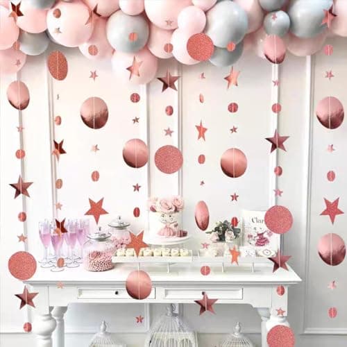 Ainmto Guirlande en Papier Pailleté Rosegold,Décoration en Papier Rond Etoile pour Les Fêtes (4M x 4Pièces)