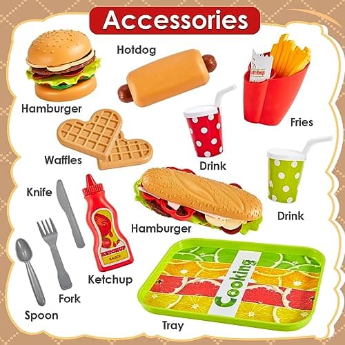 BUYGER Hamburgers Jouet Démontable pour Enfants | Accessoires Cuisine Enfant avec Plateau, Jeu d'Imitation et Éducatif pour Cuisine Dinette, Cadeau Fille Garçon 3 4 5 Ans