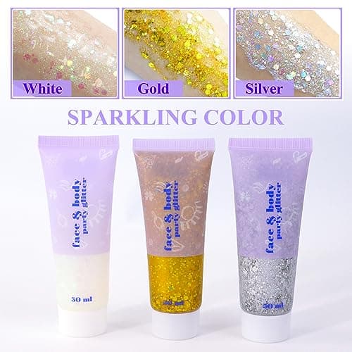 Sularpek Paillettes Visage, 3 Couleurs Paillettes Corps 50g, Paillette Maquillage, Mermaid Sequins Body Glitter, Paillette Gel Liquide, pour Festival Fête Noël Pâques Maquillage Décoration