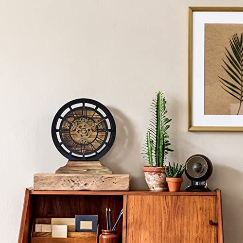 Lafocuse Pendule de Bureau avec Engrenages Mobiles, Bois Industrielle Vintage Steampunk Noire, Transformable en Horloge Murale, Retro Chiffres Romains pour Etagère Table Salon Bar 29cm