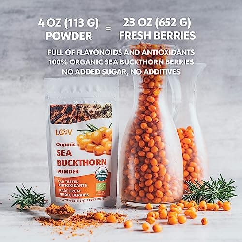 Poudre d’argousier bio LOOV, riche en fibre, faite à 100% de baies entières, 110 g, cultivés dans les régions nordiques, riche en oméga, vitamines C et E, Portions de 23 jours, ni sucre ajouté ni OGM