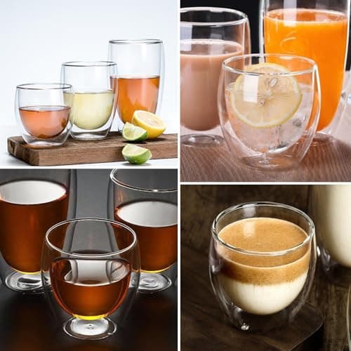 6er Set Tasse a Café Double Paroi, Tasse Double Paroi Expresso, 80 ml Tasses à Expresso en Verre, Tasses à Latte Macchiato acve 6 Cuillères, Verres a Expresso en Verre, Verre a Double pour Thé, Lait