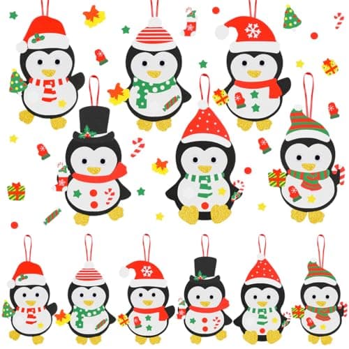 Kit Bricolage Noel Enfant, 12Pcs Pingouin Suspendue de Noël, Activites Manuelles Noel Enfants, Autocollants en Mousse Pendentif Créatif DIY pour Décoration Arbres de Noël, Fenêtres