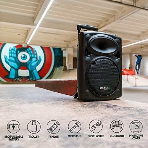 Ibiza - PORT8VHF-BT - Enceinte Portable 8"/400W Max avec 2 micros (Filaire et VHF), télécommande et Housse de Protection - Bluetooth, USB, SD - Autonomie 4 à 6h