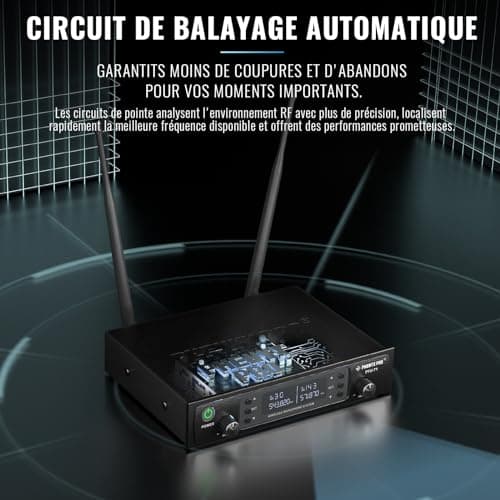Phenyx Pro Système de Microphones sans Fil UHF, Auto-Scan avec 2x100 Fréquences, 2 Bodypacks & Casque/Micro lavalier sans Fil pour Parler, Chanter, église, DJ (PTU-71-2B)