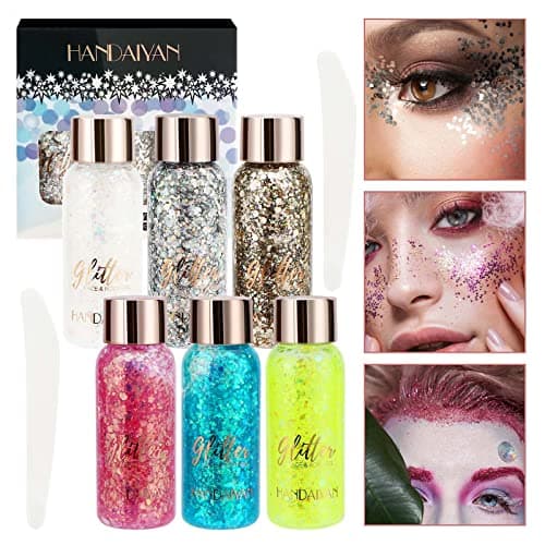 Royouzi Paillettes Visage, Glitter Body Gel, 6 Bouteilles Sirène Paillettes, Chunky Glitter Liquide Gel, 6 Couleurs Maquillage Glitter pour Fard à Paupières, Festival, Fête, Noël, Pâques, Maquillage