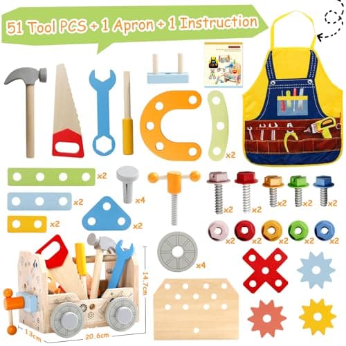 Caisse a Outil Enfant Jouet Enfant 2 Ans, 3 en 1 Boite a Outils Enfant Etabli Enfant Jeux Enfant 3 4 Ans, Jouet en Bois Jouet Montessori Jeu Educatif Cadeau Enfant 2 3 4 Ans(52 Pièces )