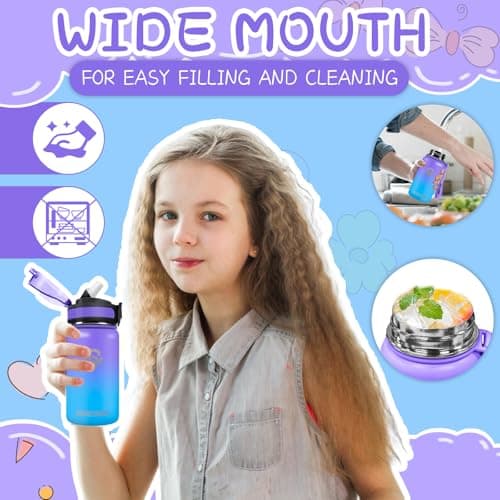 Grsta Gourde Isotherme, 500ml Gourde Enfant, Gourde Inox avec Paille, Gourde Metal Sans BPA, Facile à Nettoyer, Gourde Reutilisable Anti-Fuite, Bouteille d'eau pour Running, École, Bureau, Foot