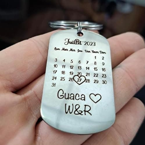 Porte clé personnalisé calendrier en inox miroir, cadeau de rencontre, date de naissance, d'anniversaire, Saint Valentin ou pour un couple